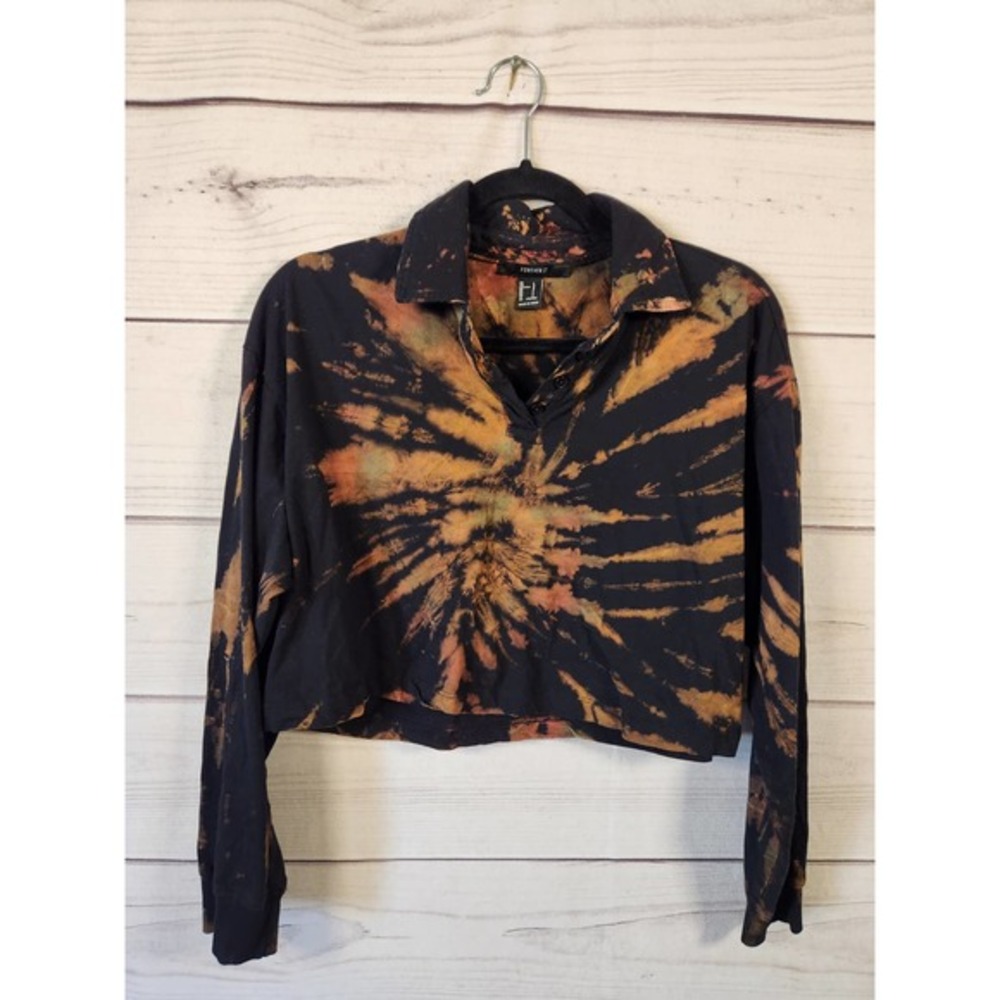 Forever 21 Womens Black Tie‎ Dye Cotton Long Sleeve V-Neck Crop Tops Size Large